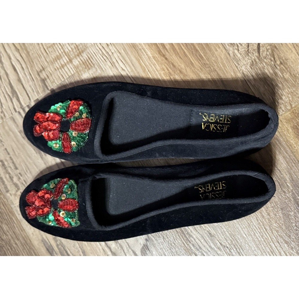 Vintage Jessica Stevens flat shoes Christmas Wreath, Size 8 Sequins Velvet Black